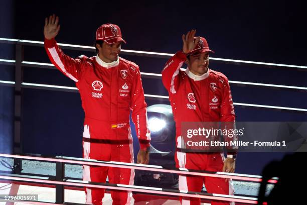 Charles Leclerc of Monaco and Ferrari and Carlos Sainz of Spain and Ferrari are introduced at the opening ceremony during previews ahead of the F1...