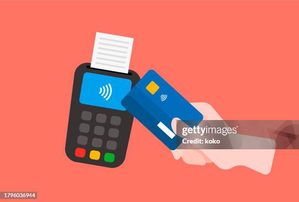 kontaktloses bezahlen. zahlung mit kreditkarte. - kreditkartenlesegerät stock-grafiken, -clipart, -cartoons und -symbole