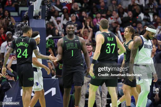 Zion Williamson of the New Orleans Pelicans reacts against the Dallas Mavericks during an NBA In-Season Tournament game at the Smoothie King Center...