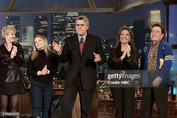 Episode 2005 -- Pictured: Actress Alison Arngrim, Actress Charlene Tilton, Host Jay Leno, Actress Dawn Wells, Actor Jerry Mathers during "Hollywood...