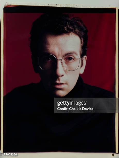 British singer-songwriter Elvis Costello photographed using a 20x24 Polaroid camera, at the Science Museum, London, 1982.