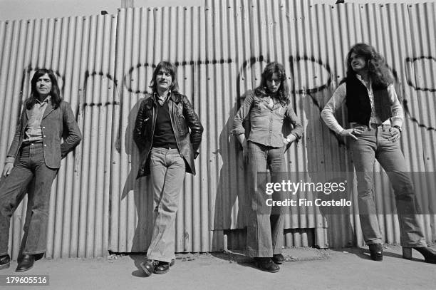 Mel Galley , Dave Holland, Pete MacKie and Glenn Hughes from English rock group Trapeze posed in London in 1973.