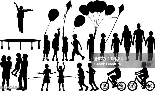 children and parents silhouette - trampoline jump stock illustrations
