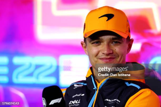 Lando Norris of Great Britain and McLaren looks on in the Drivers Press Conference during previews ahead of the F1 Grand Prix of Las Vegas at Las...