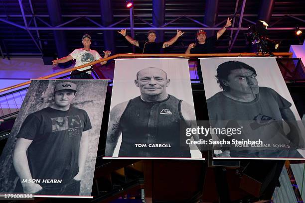Jason Hearn, Tom Carroll and Ross Clarke-Jones attend the 'Heroes By Nature' Surf Night at Cineplex on September 5, 2013 in Muenster, Germany.