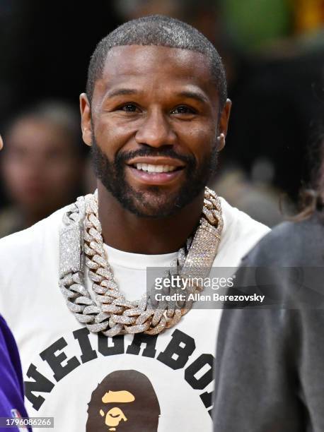 Floyd Mayweather Jr. Attends a basketball game between the Los Angeles Lakers and the Sacramento Kings at Crypto.com Arena on November 15, 2023 in...