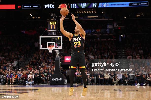 Eric Gordon of the Phoenix Suns puts up a three-point shot against the Minnesota Timberwolves during the second half of the NBA game at Footprint...