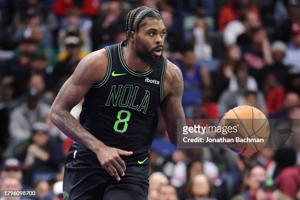 Naji Marshall of the New Orleans Pelicans drives with the ball against the Dallas Mavericks during an NBA In-Season Tournament game at the Smoothie...