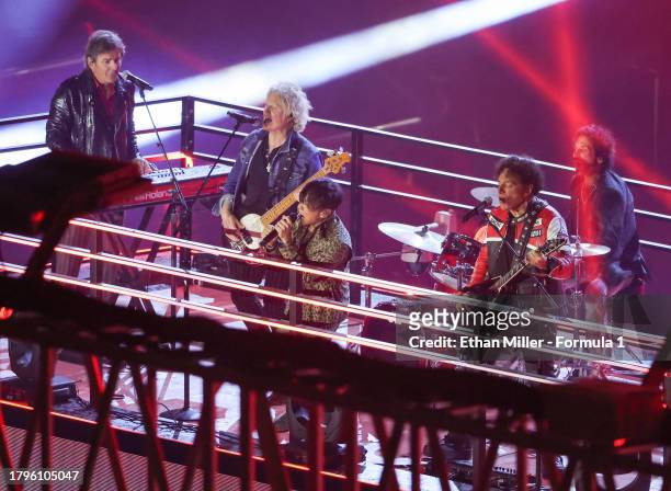 Jonathan Cain, Todd Jensen, Arnel Pineda, Neal Schon and Deen Castronovo of Journey perform during the opening ceremony during previews ahead of the...