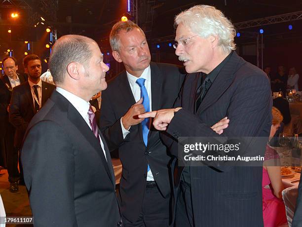 Olaf Scholz, Lutz Marmor and Thomas Roth attend "Deutscher Radiopreis" at Schuppen 52 on September 5, 2013 in Hamburg, Germany.