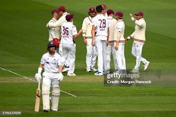 James Bazley of Queensland celebrates the wicket of Marcus Harris of Victoria during the Sheffield Shield match between Victoria and Queensland at...