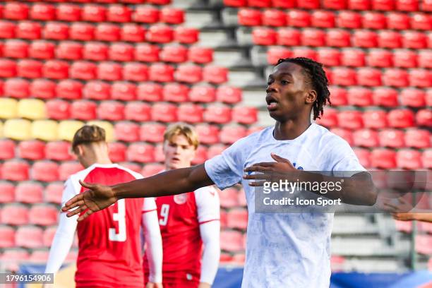 Aboubaka SOUMAHORO of France celebrates scoring his team first goal during the UEFA Euro 2024, qualifications match between France U19 and Denmark...