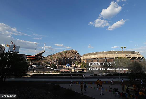 General view outside of Sun Devil Stadium and Wells Fargo Arena before the college football game between the Arizona State Sun Devils and the...