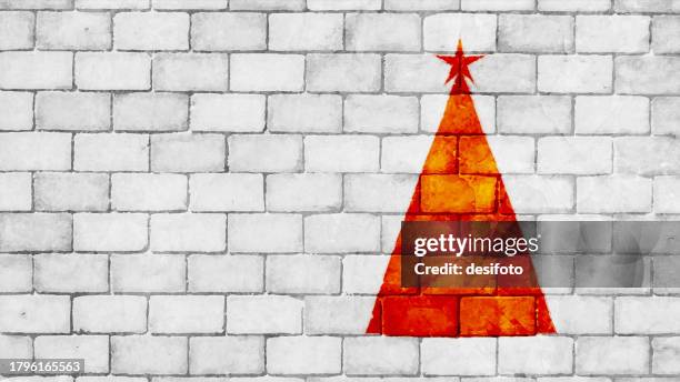 vector illustration of a creative solid red orange blotched smudged christmas tree as a triangle painted like graffiti over gray white brick wall xmas backgrounds - whitewashed brick stock illustrations