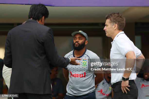 Match Referee, Javagal Srinath speaks to Temba Bavuma of South Africa and TV Umpire, Chris Gaffaney during the ICC Men's Cricket World Cup India 2023...