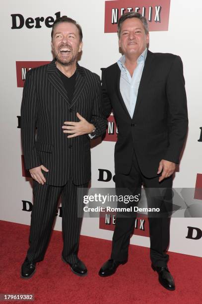 Ricky Gervais and Ted Sarandos attend "Derek" New York Premiere at MOMA on September 5, 2013 in New York City.