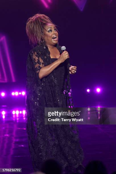 In this image released on November 16, 2023. Ledisi performs during the CMT Smashing Glass at The Fisher Center for the Performing Arts on October...