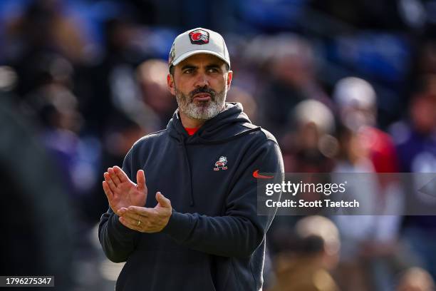 Head coach Kevin Stefanski of the Cleveland Browns looks on before the game against the Baltimore Ravens at M&T Bank Stadium on November 12, 2023 in...