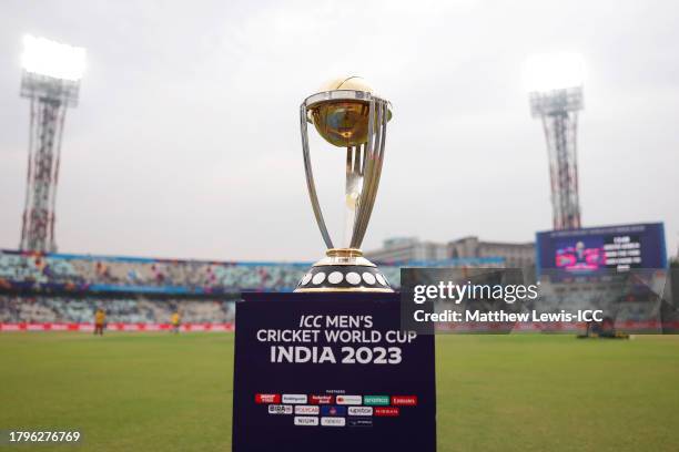 The ICC Men's Cricket World Cup Trophy is seen on a plinth prior to the ICC Men's Cricket World Cup India 2023 Semi Final match between South Africa...