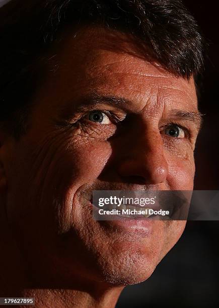New Demons coach Paul Roos reacts when speaking to the media during a Melbourne Demons AFL press conference at Melbourne Cricket Ground on September...