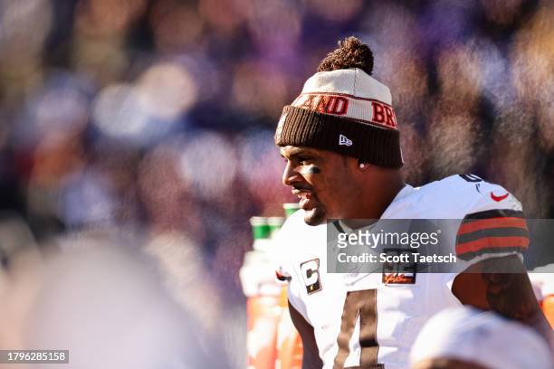 Deshaun Watson of the Cleveland Browns looks on against the Baltimore Ravens during the first half at M&T Bank Stadium on November 12, 2023 in...