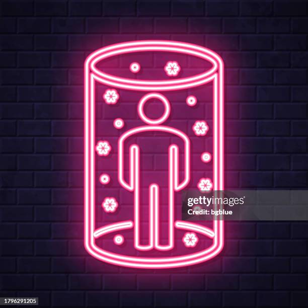sick person placed in isolation. glowing neon icon on brick wall background - brick wall interior stock illustrations