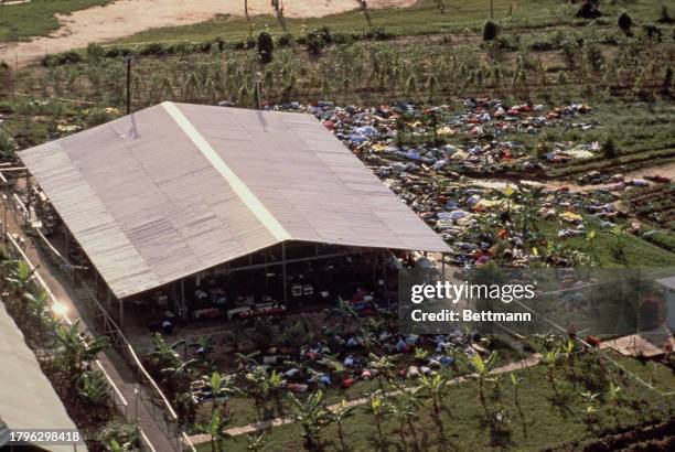 Aerial view of dead bodies at the Peoples Temple compound in Jonestown, Guyana, November 23rd 1978. Under the direction of their leader Jim Jones,...