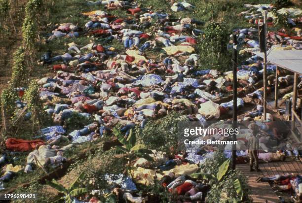 Aerial view of dead bodies at the Peoples Temple compound in Jonestown, Guyana, November 23rd 1978. Under the direction of their leader Jim Jones,...