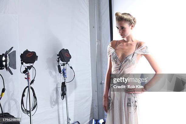 Model at first look backstage at the Candela presentation during Spring 2014 Mercedes-Benz Fashion Week at The Box at Lincoln Center on September 5,...