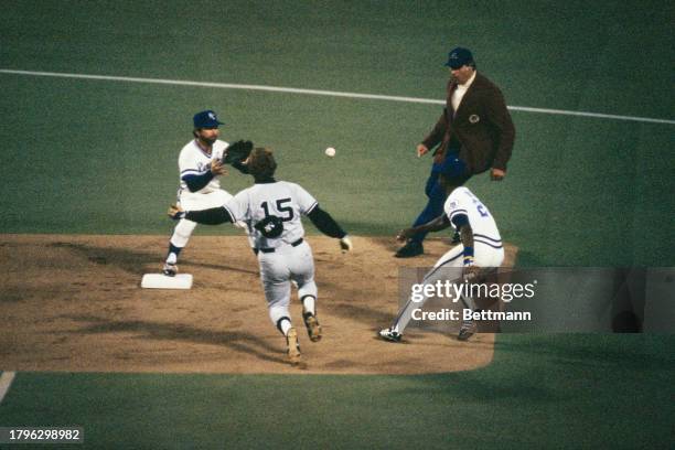 Munson is out at second off grounder to White by Yanks' Lou Piniella in first inning of playoff game, Kansas City, Missouri, October 3rd 1978. .