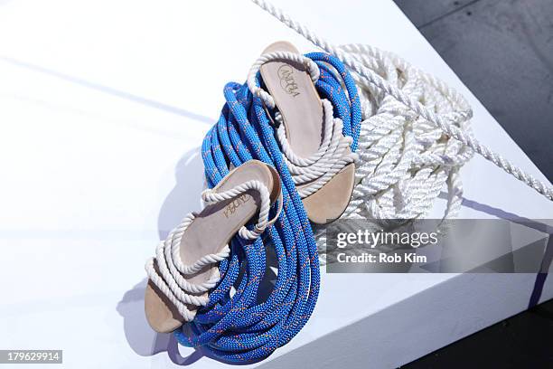 Shoes on display at the Candela presentation during Spring 2014 Mercedes-Benz Fashion Week at The Box at Lincoln Center on September 5, 2013 in New...