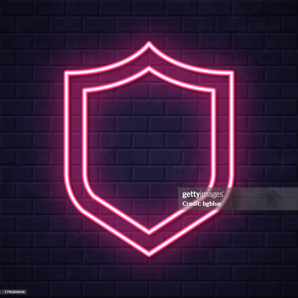 Schild. Leuchtende Neon-Ikone auf Backsteinwandhintergrund