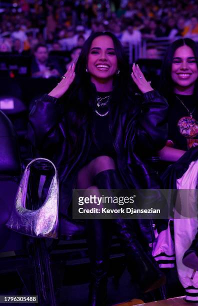 Becky G attends an NBA In-Season Tournament game between the Los Angeles Lakers and the Utah Jazz at Crypto.com Arena on November 21, 2023 in Los...