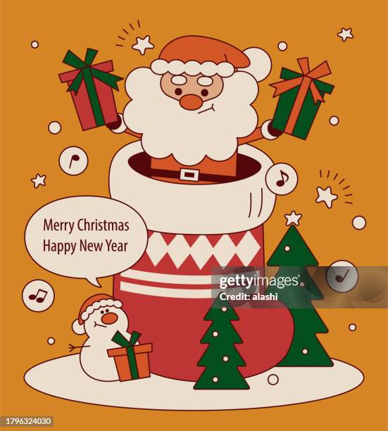 cute santa claus popping out of a big christmas stocking to give christmas presents and wish you a merry christmas and a happy new year with a snowman - big xmas stocking stock illustrations