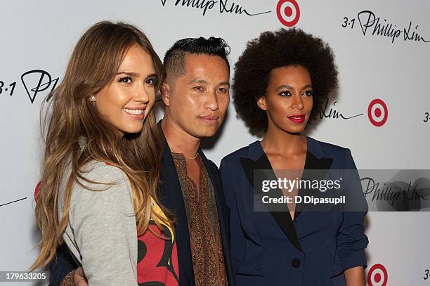 Actress Jessica Alba, designer Phillip Lim, and Solange attend the 3.1 Phillip Lim for Target Launch Event at Spring Studio on September 5, 2013 in...