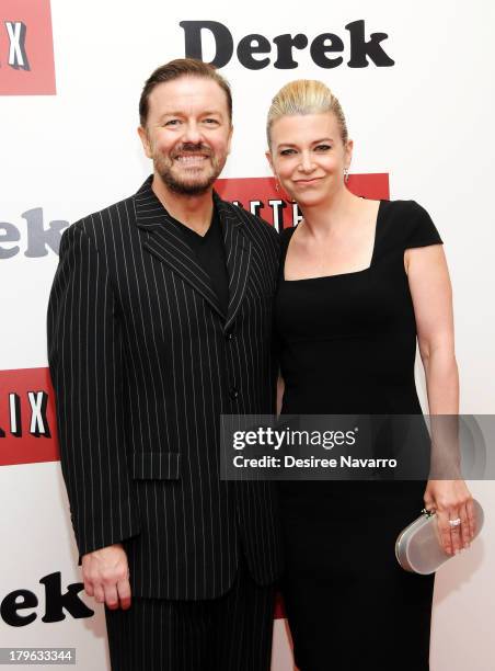 Actor/comedian Ricky Gervais and author Jane Fallon attend the "Derek" New York Premiere at the Museum of Modern Art on September 5, 2013 in New York...