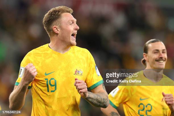 Harry Souttar of the Socceroos celebrates scoring a goal during the 2026 FIFA World Cup Qualifier match between Australia Socceroos and Bangladesh at...