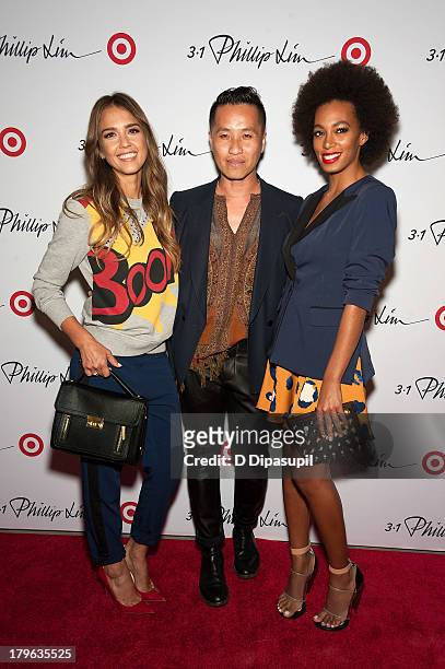 Actress Jessica Alba, designer Phillip Lim, and Solange attend the 3.1 Phillip Lim for Target Launch Event at Spring Studio on September 5, 2013 in...