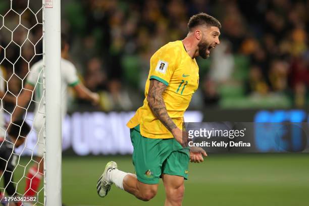 Brandon Borrello of the Socceroos celebrates scoring a goal during the 2026 FIFA World Cup Qualifier match between Australia Socceroos and Bangladesh...