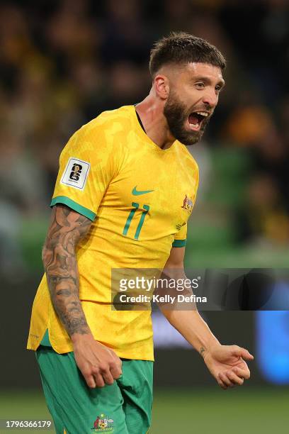Brandon Borrello of the Socceroos celebrates scoring a goal during the 2026 FIFA World Cup Qualifier match between Australia Socceroos and Bangladesh...