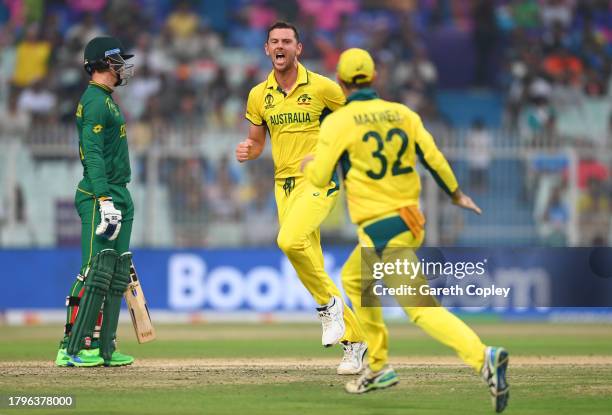 Josh Hazlewood of Australia celebrates after dismissing Rassie van der Dussen of South Africa during the ICC Men's Cricket World Cup India 2023 Semi...