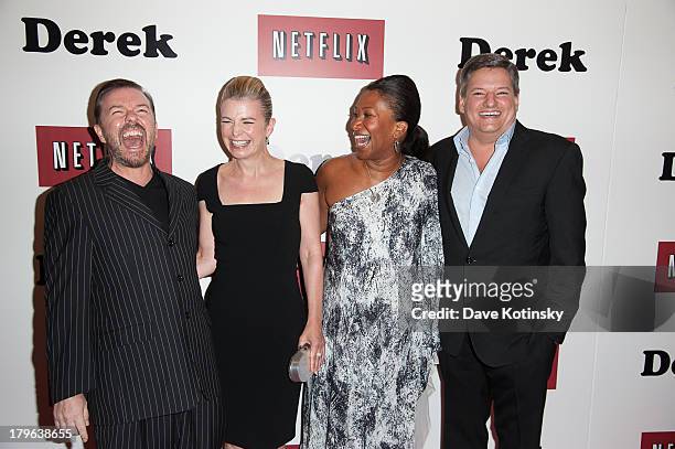Ricky Gervais, Jane Fallon, Nicole Avant and Ted Sarandos attend "Derek" New York Premiere at MOMA on September 5, 2013 in New York City.