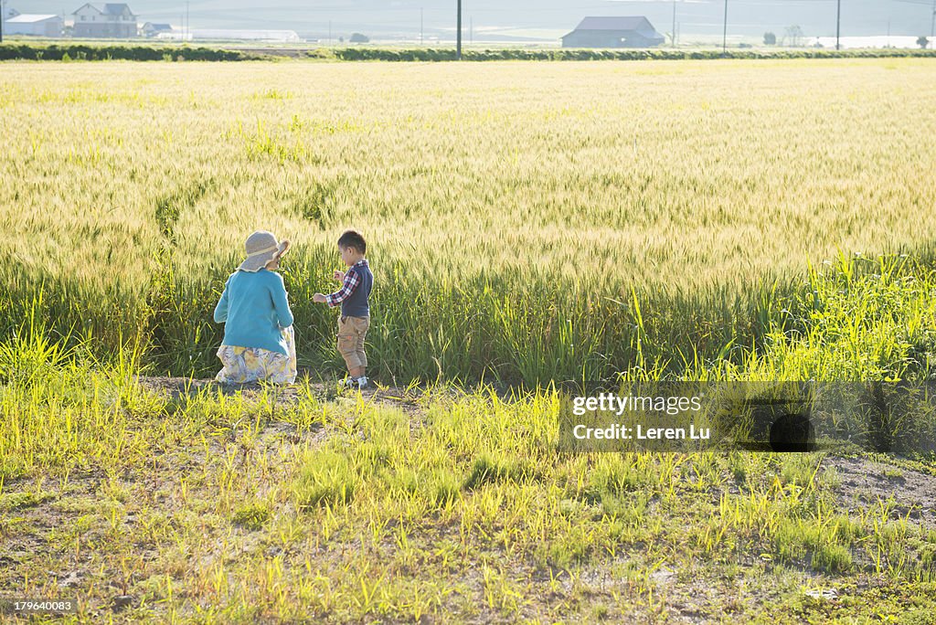 Mother and child relaxed in the countryside