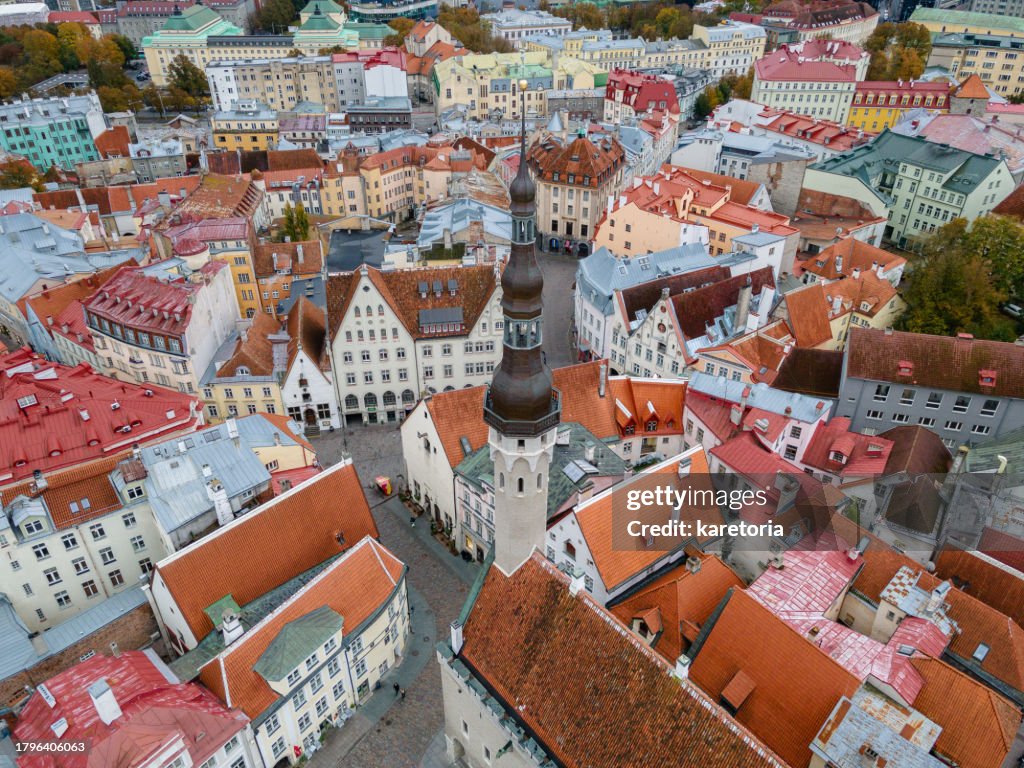 Drone aerial view to Old Town Tallinn