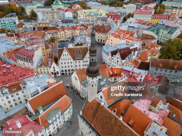 drone aerial view to old town tallinn - tallinn stock pictures, royalty-free photos & images