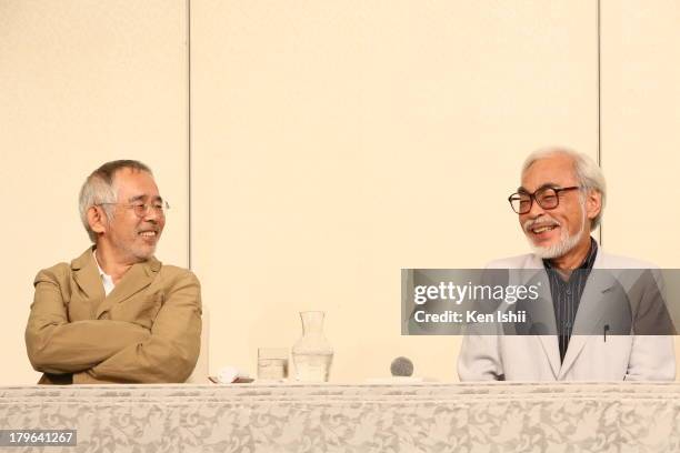 Producer Toshio Suzuki speaks with Director Hayao Miyazaki during a press conference regarding Miyazaki's retirement from active work at Kichijoji on...