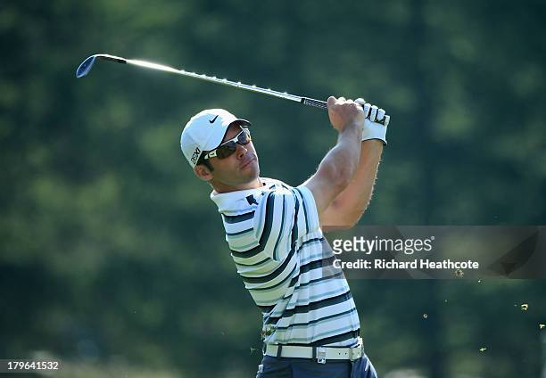 Paul Casey of England plays into the 17th green during the second round of the Omega European Masters at the Crans-sur-Sierre Golf Club on September...
