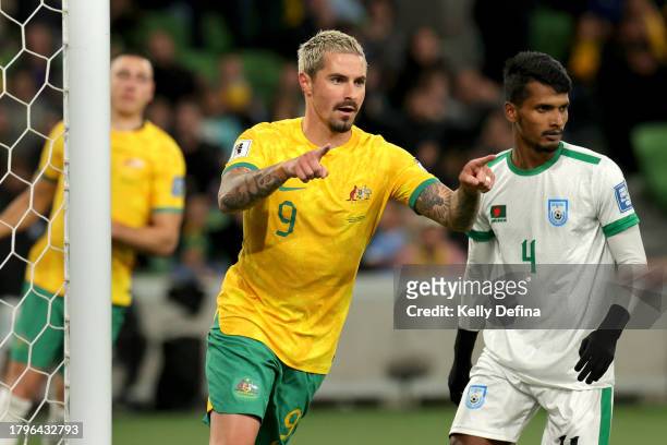 Jamie Maclaren of the Socceroos celebrates scoring a goal during the 2026 FIFA World Cup Qualifier match between Australia Socceroos and Bangladesh...