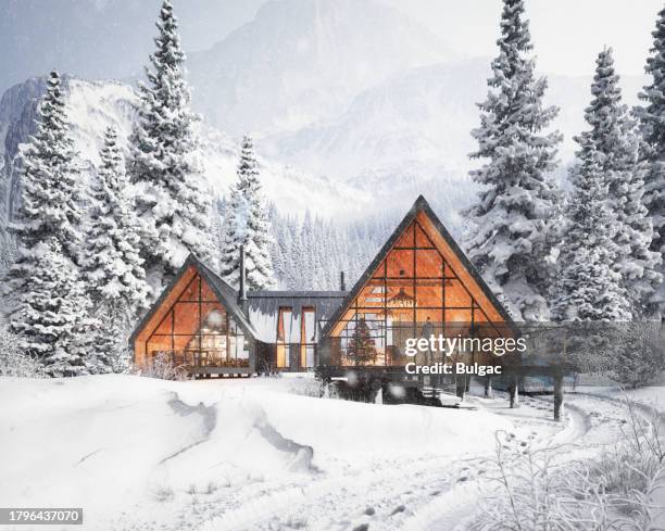 cenário de inverno idílico - chalet - fotografias e filmes do acervo