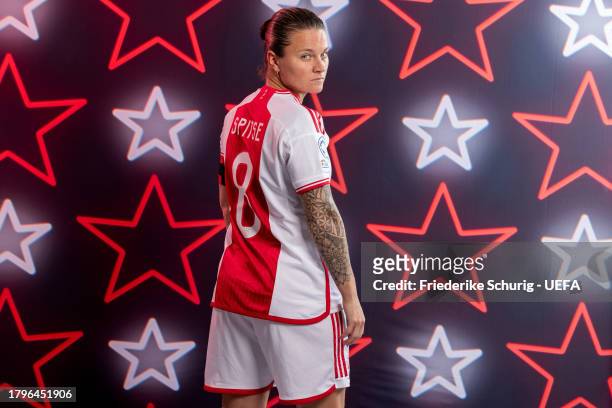 Sherida Spitse of Ajax poses for a portrait during the UEFA Women's Champions League Official Portraits shoot on November 08, 2023 in Amsterdam,...
